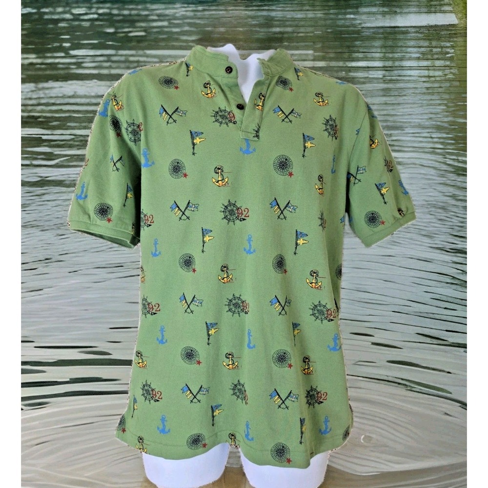 Fahrenheit‎ Polo Shirt XL Green Nautical Print Fitted Casual Knit Short Sleeve